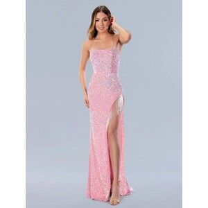 NWT Stella Couture Formal Dress Pink Fitted Full Length Sequin Lace Up Back Sz 6